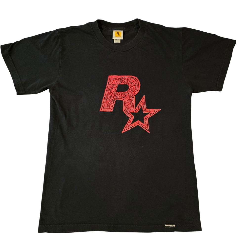 Vintage 1998 Rockstar Games T Shirt Mens Small Black Red Logo Made in USA R*